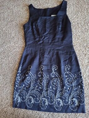 Sleeveless Navy Dress with White Embroidered Hem